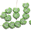 11x13mm Opaque green maple czech glass leaf beads silver wash, 15pc