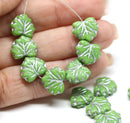 11x13mm Opaque green maple czech glass leaf beads silver wash, 15pc