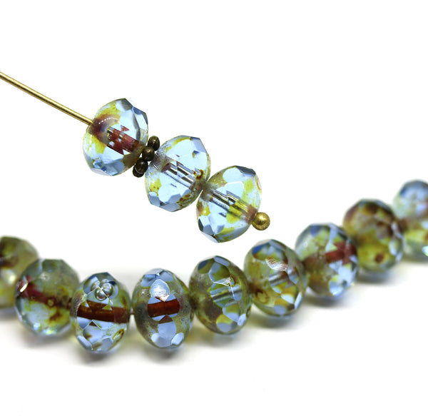 6x8mm Blue czech glass fire polished rondelle beads, picasso - 12Pc