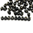 5x7mm Jet black teardrops pressed Czech glass beads, gold wash, 50pc