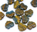 11x13mm Dark green yellow maple leaf beads, Czech glass - 15pc