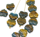 11x13mm Dark green yellow maple leaf beads, Czech glass - 15pc
