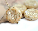 18mm Beige flower Czech glass beads, floral ornament beads pair, 2pc