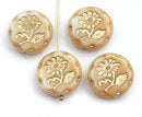 18mm Beige flower Czech glass beads, floral ornament beads pair, 2pc