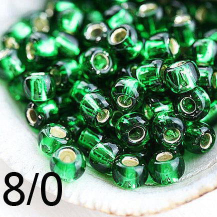 8/0 Toho seed beads, Silver Lined Grass Green N 27B - 10g