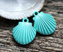 2pc Turquoise Green Puffy Shell charms, Painted Metal Casting
