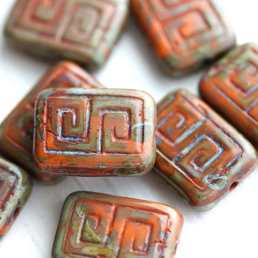 12x9mm Picasso Rectangle czech beads, Rustic Orange, Greek Key, Carved Aged glass 8pc
