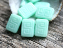 12x9mm Mint Rectangle czech beads, Greek Key, Carved glass beads - 8pc