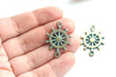 2pc Sailor Wheel rudder charm connector Patinated Brass