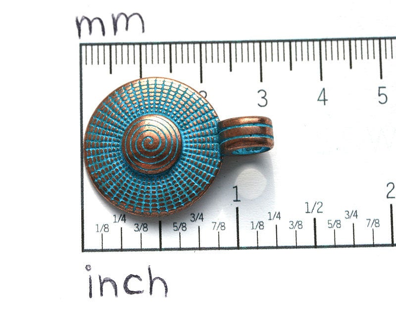 Spiral circle pendant bead, Blue patina on copper