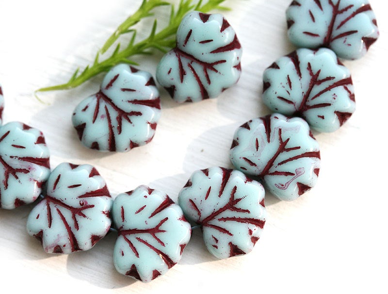 11x13mm Mint Fancy Leaf beads, Maple glass leaves, Purple Inlays, 10pc