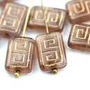 12x9mm Opal Smokey Topaz Rectangle czech beads, Golden inlays, Greek Key, 8pc