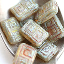 12x9mm Picasso Opal Beige Rectangle czech beads, Greek Key Ornament, 8pc