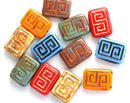 12x9mm Opal Amethyst Rectangle czech beads, Copper inlays, Greek Key, Carved glass beads - 8pc