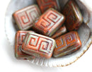 12x9mm Picasso Rectangle czech beads, Rustic Orange, Greek Key, Carved Aged glass 8pc