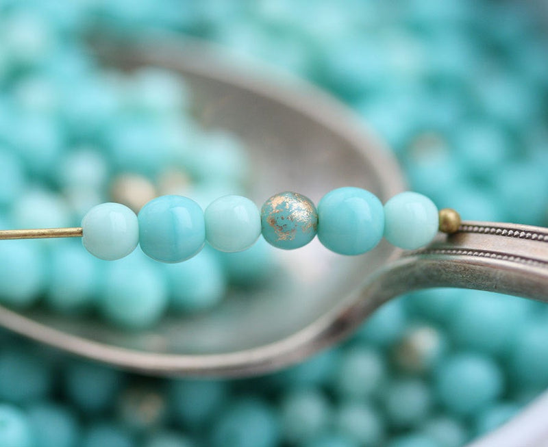 4mm 5mm Turquoise golden druk round beads mix, Czech glass - about 70Pc