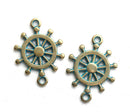 2pc Sailor Wheel rudder charm connector Patinated Brass