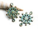 2pc Sailor Wheel rudder charm connector Patinated Brass