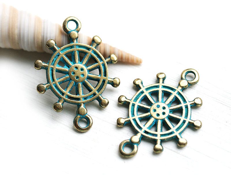 2pc Sailor Wheel rudder charm connector Patinated Brass