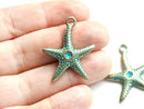 2pc Brass SeaStar charms 30mm, Green patina