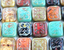 12x11mm Sage Green Picasso Rectangle glass beads Swirls Scrolls Carved Aged czech glass 8pc