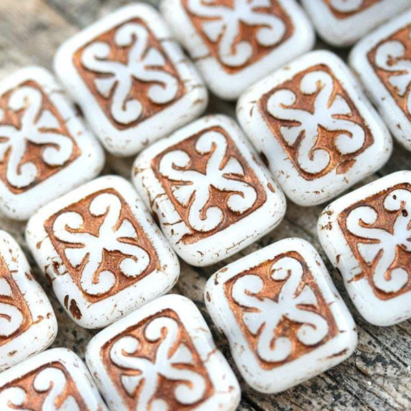 12x11mm Opal White Rectangle Swirl Beads, Old Patina, Carved czech glass rustic beads - 8pc