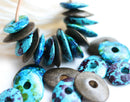 16mm Ceramic Rondelle cornflake Beads mix Blue Old Patina Teal 12pc