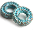 15mm Carved Metal Ring Green Patina copper 2Pc