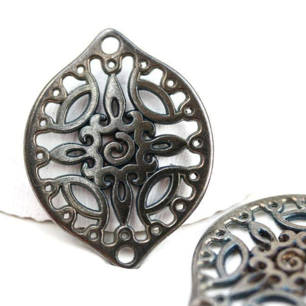 2pc Gunmetal Black Large Oval Filigree charms, Openwork