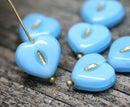 14mm Sky Blue Heart, Czech glass beads, Gold Inlays - 6pc