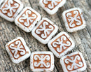12x11mm Opal White Rectangle Swirl Beads, Old Patina, Carved czech glass rustic beads - 8pc