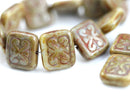 12x11mm Sage Green Picasso Rectangle glass beads Swirls Scrolls Carved Aged czech glass 8pc