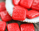 12x11mm Opaque Red beads Rectangle сarved czech glass beads 8pc