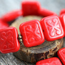 12x11mm Opaque Red beads Rectangle сarved czech glass beads 8pc
