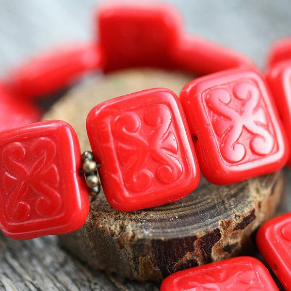 12x11mm Opaque Red beads Rectangle сarved czech glass beads 8pc
