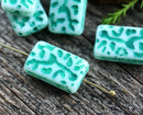 18x11mm White Green rectangle czech glass beads 6pc