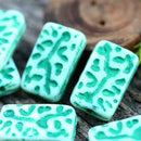 18x11mm White Green rectangle czech glass beads 6pc