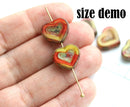 14mm Green Heart, Picasso czech glass beads, table cut - 6Pc
