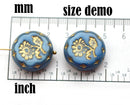 22mm Sky Blue Flower Focal Czech glass bead Gold wash - 1pc