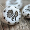 22mm White Flower Focal bead, Black Inlays, Czech glass Round tablet floral ornament - 1pc