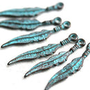 6pc feather charm, 28mm green patina Copper Ethnic style