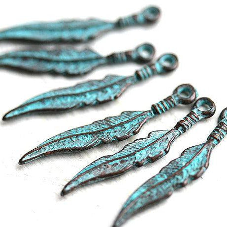 6pc feather charm, 28mm green patina Copper Ethnic style