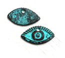 2pc Evil eye charms green patina 23x13mm