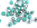 4mm Turquoise Green Fire polished czech glass beads, Silver coating faceted round spacers - 50Pc