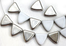 13mm Triangle, White and Silver side drilled glass beads - 15Pc