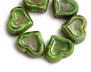 14mm Green Heart, Picasso czech glass beads, table cut - 6Pc