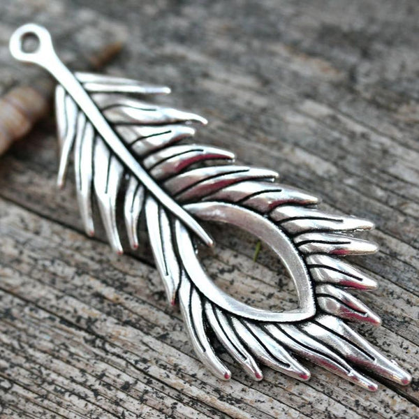 70mm Long antique silver peacock feather pendant