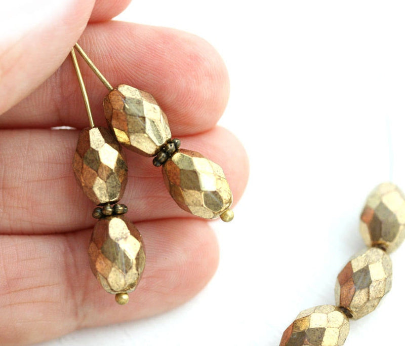 11x7mm Golden olive shaped czech glass beads, fire polished oval beads - 6Pc
