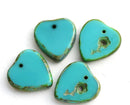 17mm Turquoise Green Heart Czech glass beads with flower - 4pc