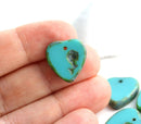17mm Turquoise Green Heart Czech glass beads with flower - 4pc